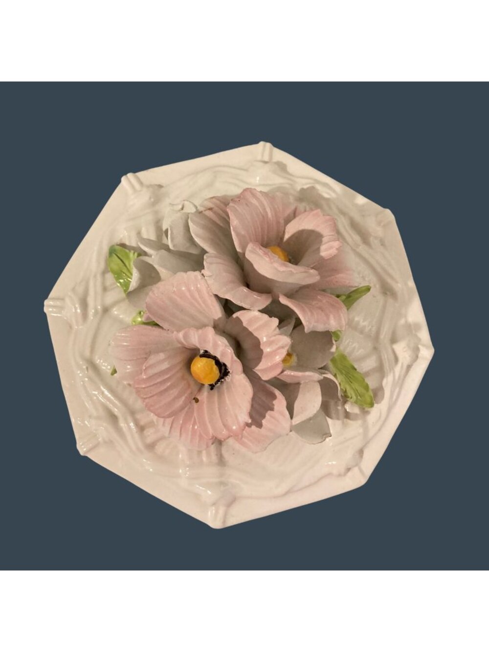 Ethan Allen Italian Ceramic Floral Trinket Box With Pink Flowers